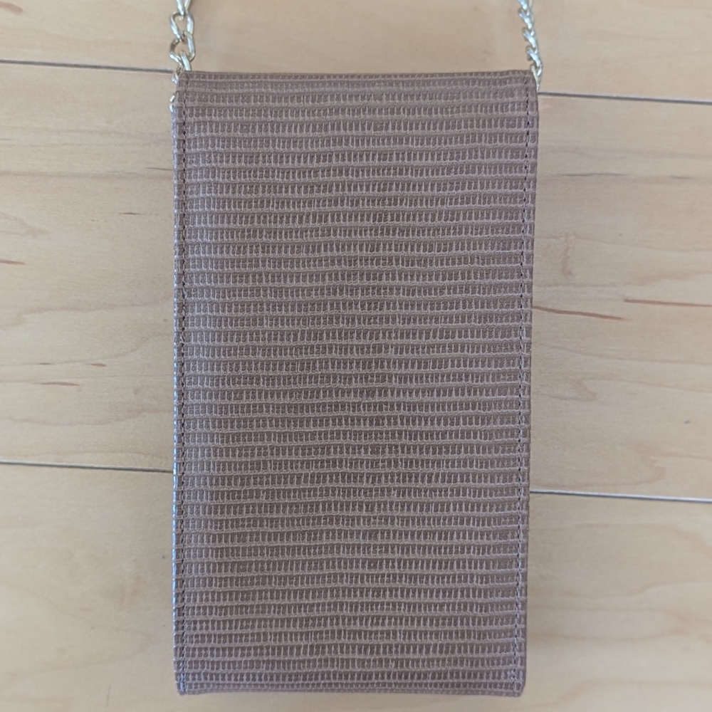Tan Embossed Crossbody Phone Bag Gold Chain Mini Purse - Picture 6 of 11
